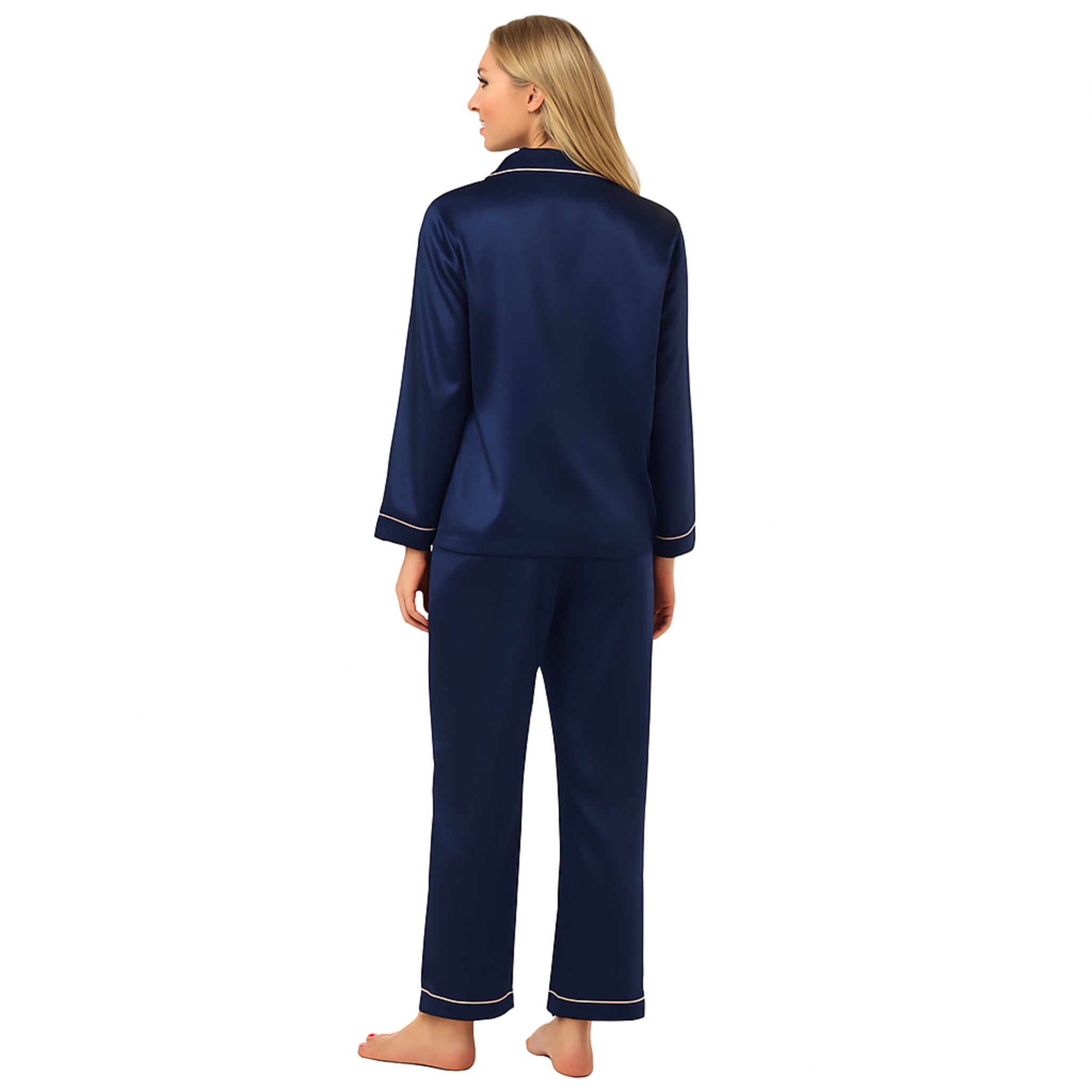 Women's soft silky touch satin pyjama set in navy with black piping, long sleeve button-up top and matching full-length trousers, comfortable nightwear